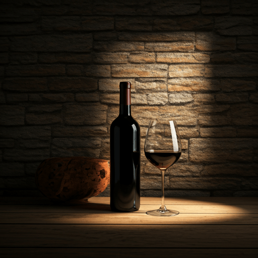 Copa de vino tinto sobre mesa de madera rústica